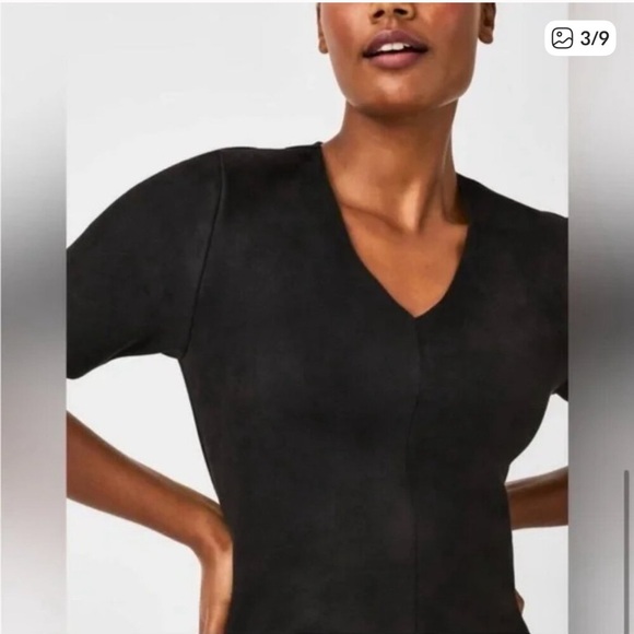 SPANX NWT Faux Suede Column V Neck Short Sleeve Dress Size 2X Black - Picture 2 of 14